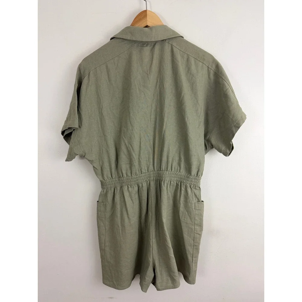 Zara Linen Blend Button Front Romper Women S Green Short Sleeve Utility Safari